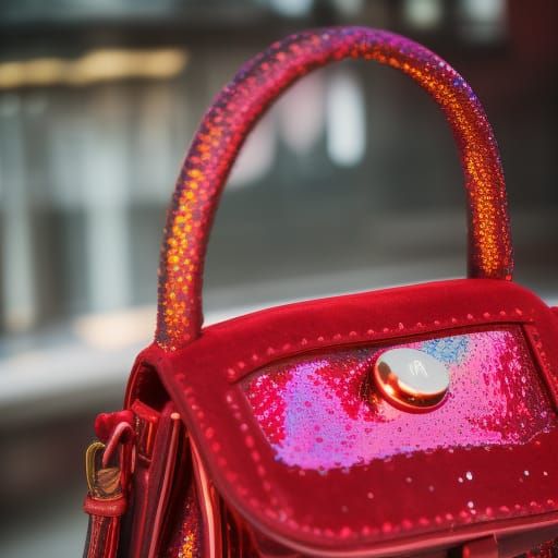 Red Velvet handbag with red holographic accents& ethereal vibes& Beautiful craftsmanship vibes& perfect craftsmanship vi...