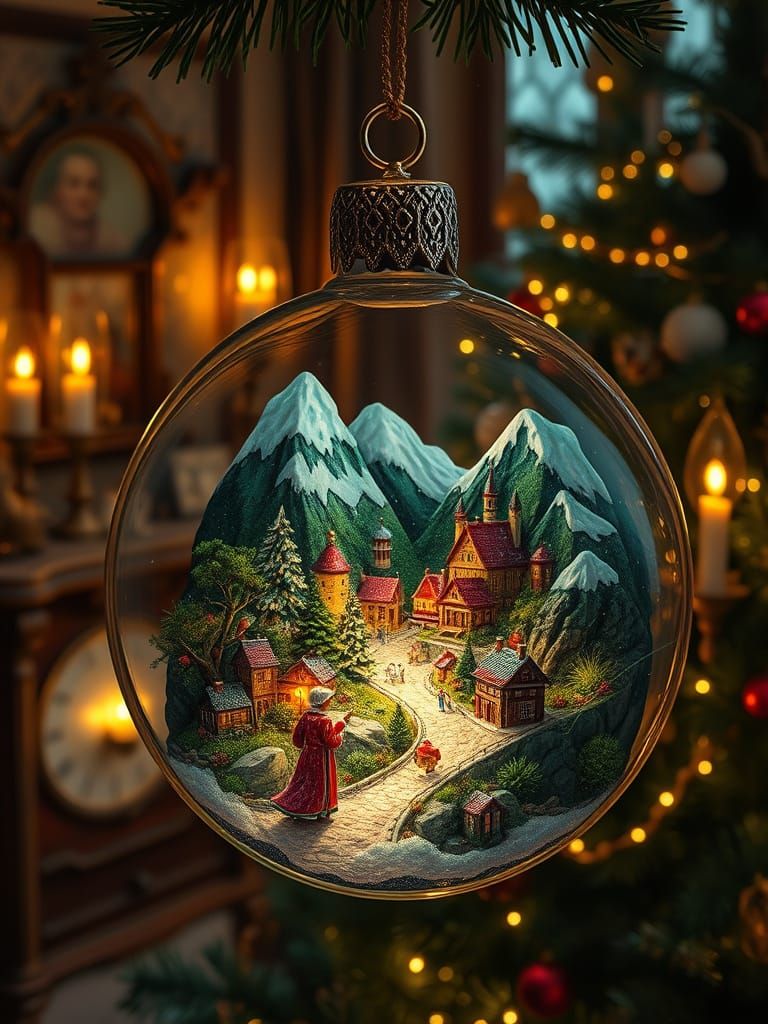 Santa's Village in Glass Ornament, Art Nouveau Style