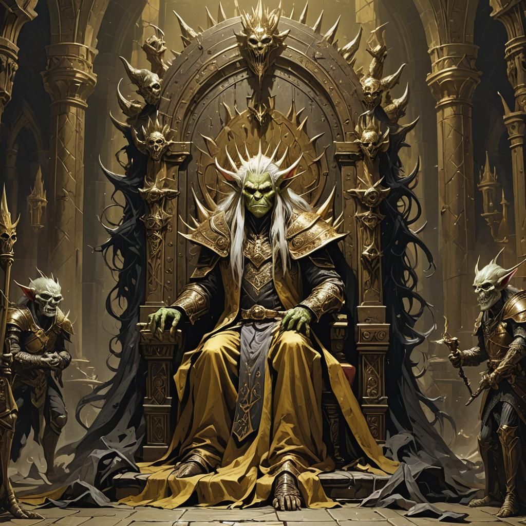Terrifying Goblin King on Throne in Dark Fantasy Style