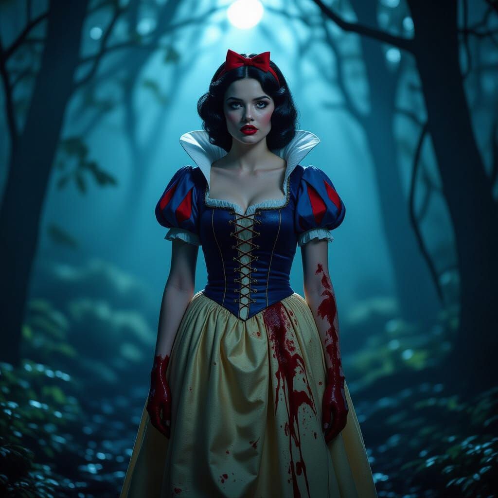 Snow White in Blood-Stained Dress in Eerie Forest