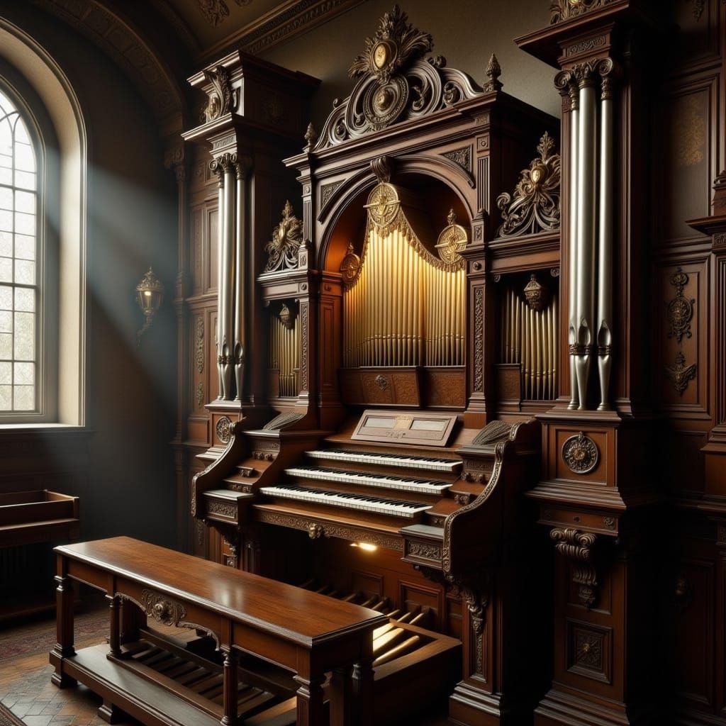 Hyperrealistic Church Pipe Organ in Moody, Atmospheric Light...