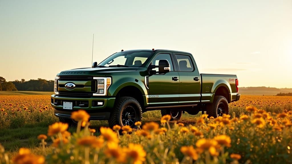 Army Green Ford Truck in Moonflower Field