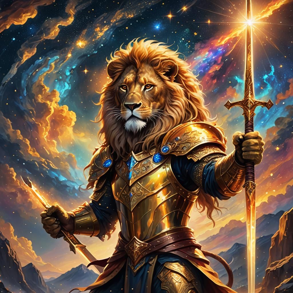 Leo Lion galaxy constellation astrology forged in the cosmic fires of creation a sword shimmering in golden sunlight and...