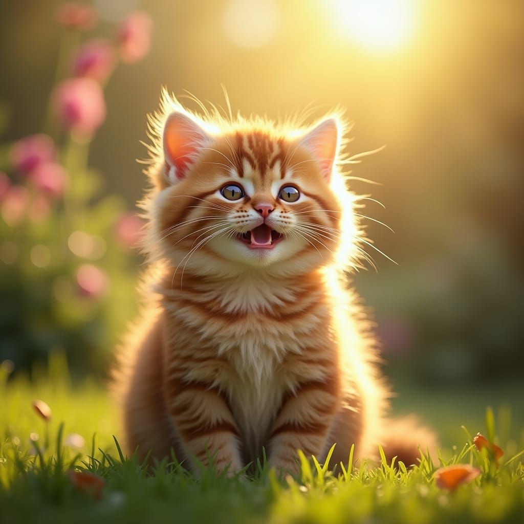 Fluffy Cat Basks in Warm Garden Sunlight