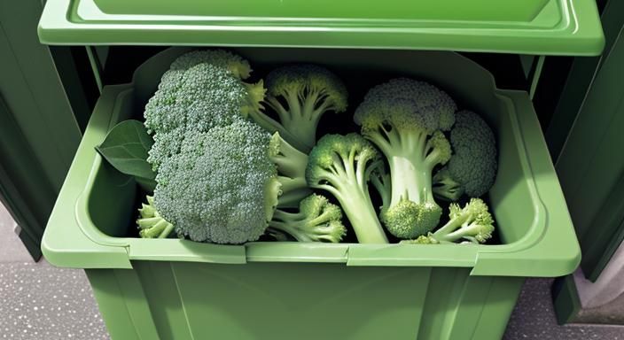 Green recycling bin, full of broccoli