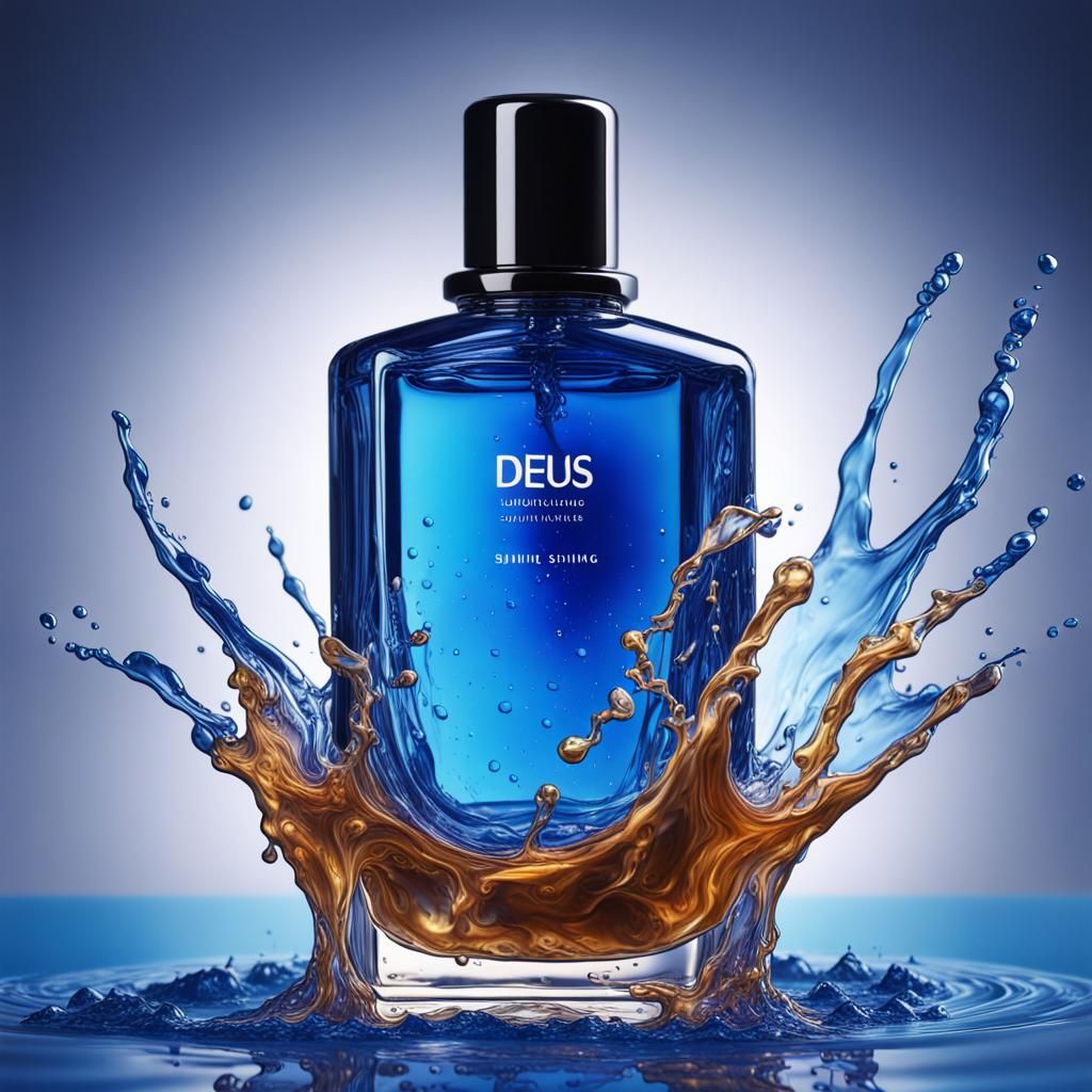 Sapphire Cologne Bottle on Water Splash: Hyperrealistic Art