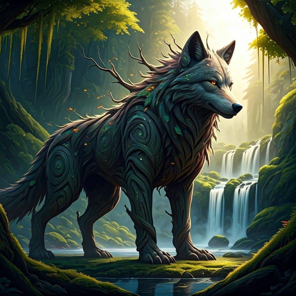 Majestic Tree Wolf in Forest Setting