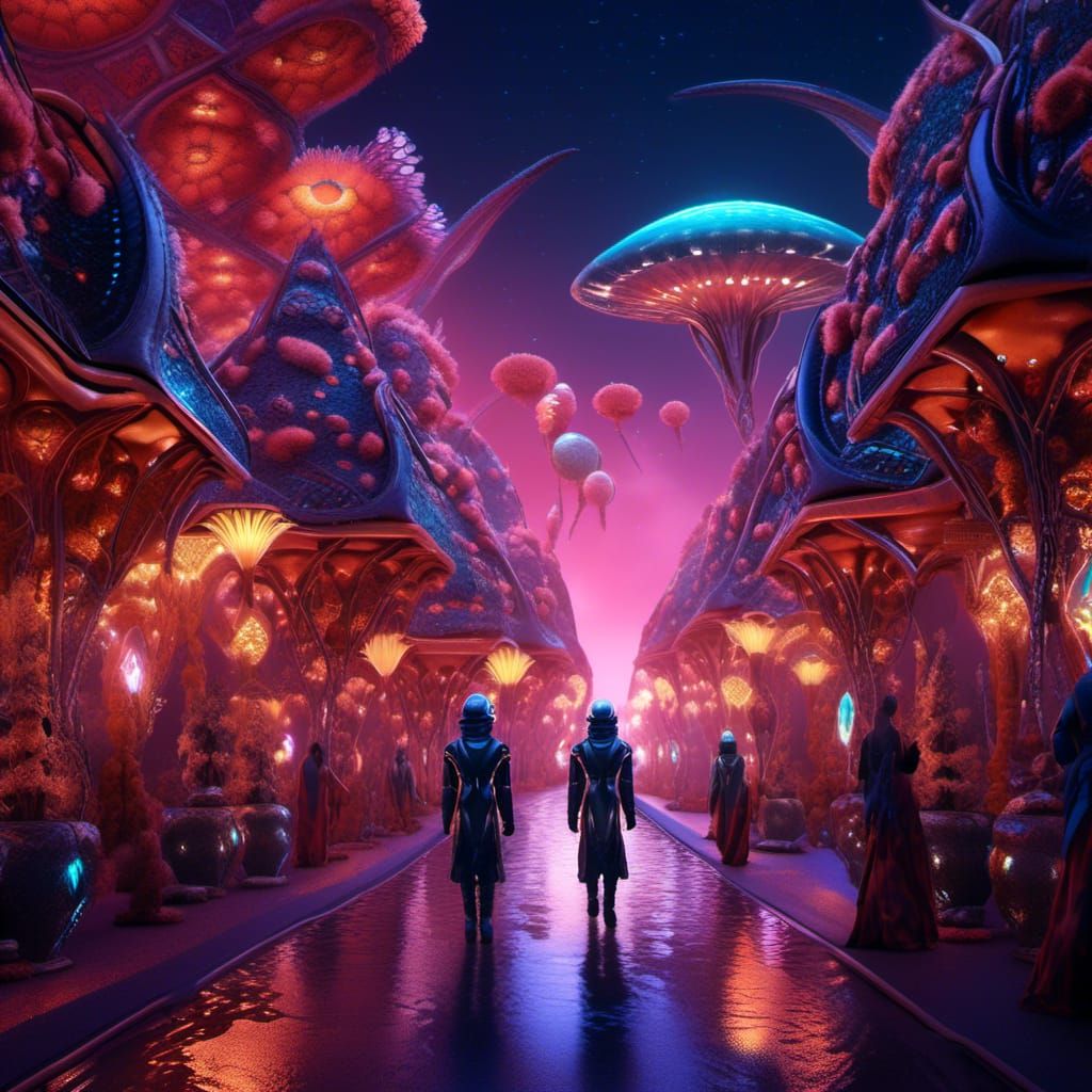 Exotic Alien Street Scene in Opulent Sci-Fi Style