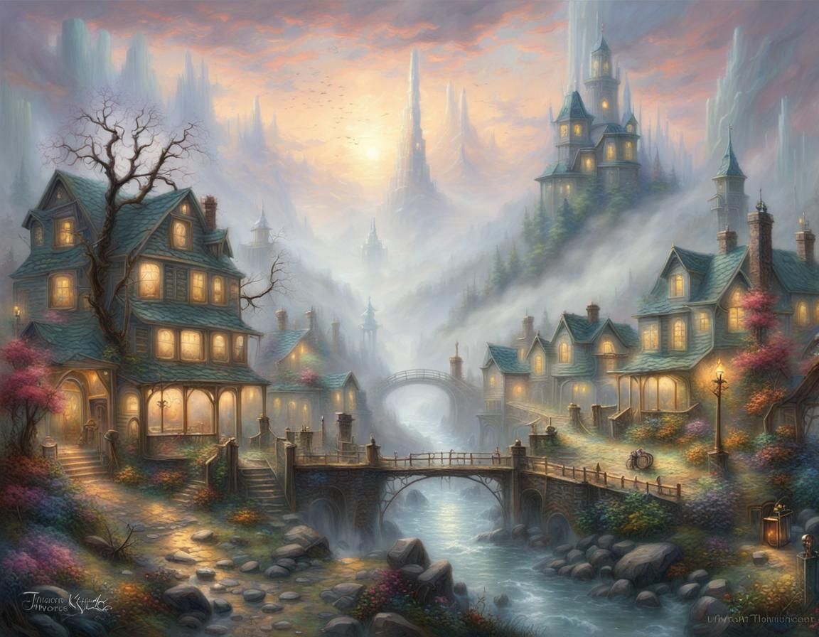 Ethereal Post-Apocalyptic Wonderland in Kinkade Style