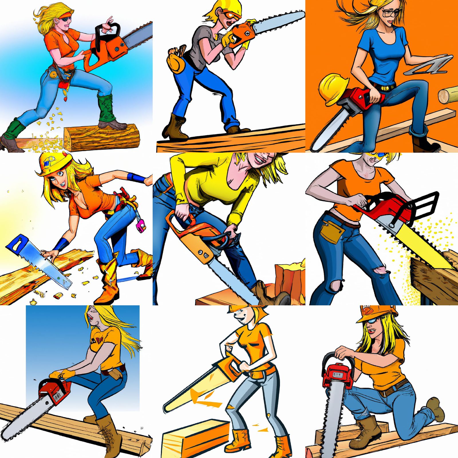 Woman Carpenter Cutting Wood in Comic Book Style