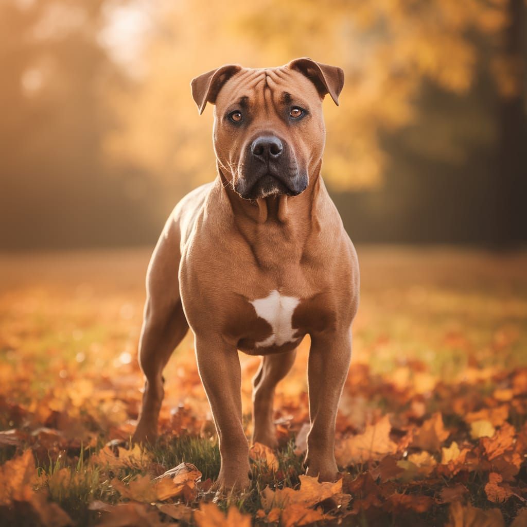 Golden American Staffordshire Terrier in Autumn Sunlit Meado...