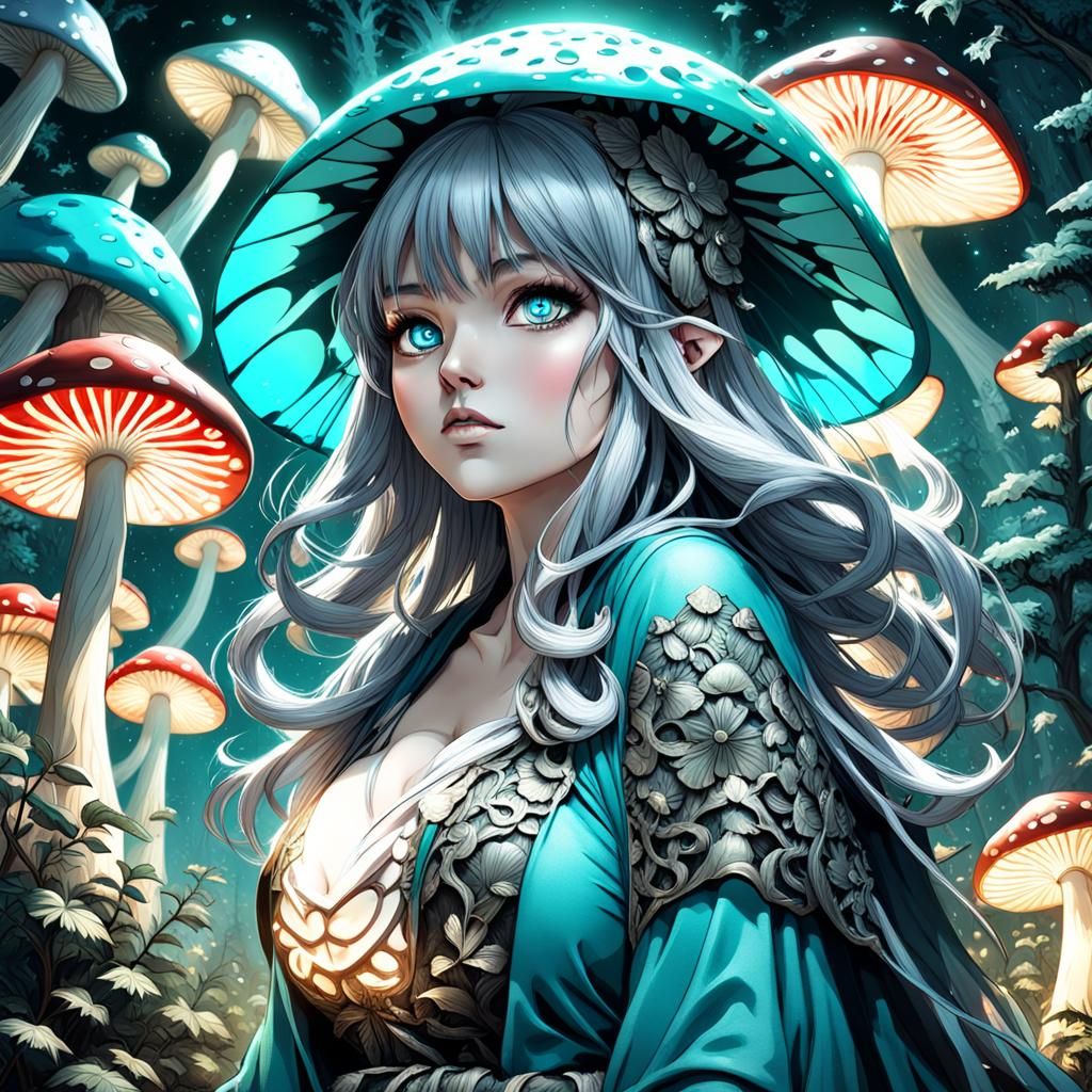 anime beautiful chubby cute mushroom woman, perfect pretty face, turquoise clothes, long gray hair, turquoise eyes, big ...