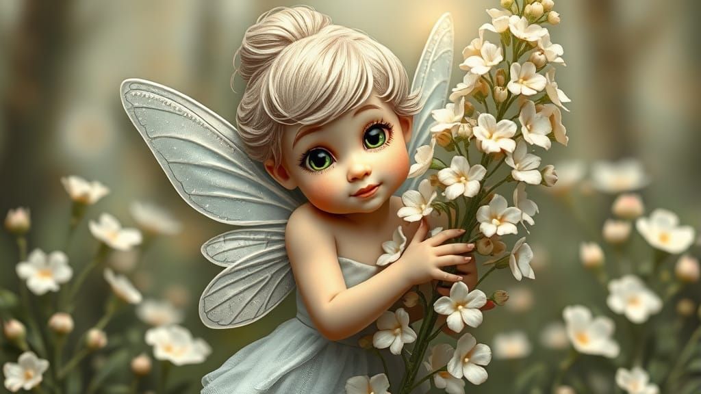 Whimsical Fairy Child Embraces Flowers in Metal Relief Style