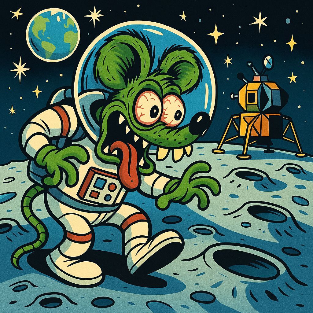 Ratfink Monster Astronaut on the Moon in Cartoon Style