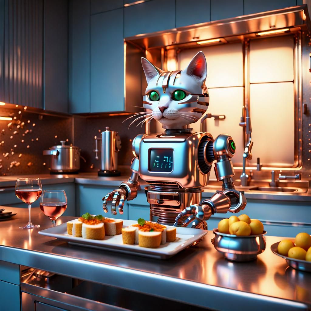 Robot Butler Cat Prepares Food in Sci-Fi Kitchen