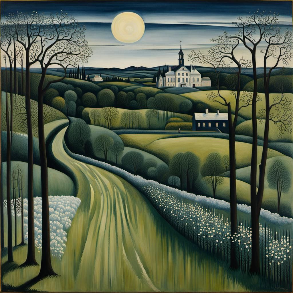 Dreamlike Spring Landscape in Delvaux Style