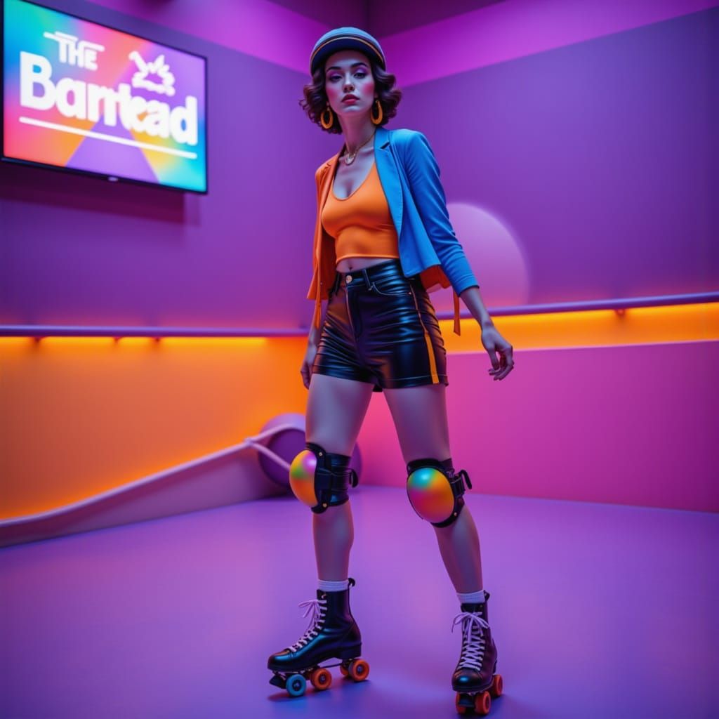 1980s vaporware roller derby girl on neon roller skates in a roller rink.<lora:Beauty and Fashion:0.5><lora:Art In The D...