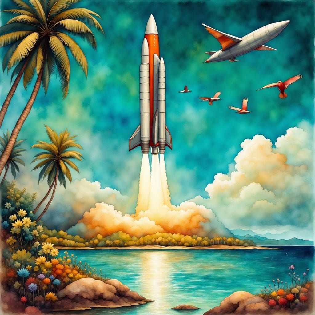 Retro-Futuristic Rocket Launch from Tropical Island