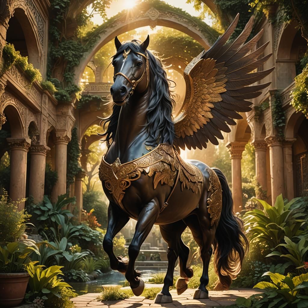 Winged Stallion in Ancient Persian Garden: Fantasy Art