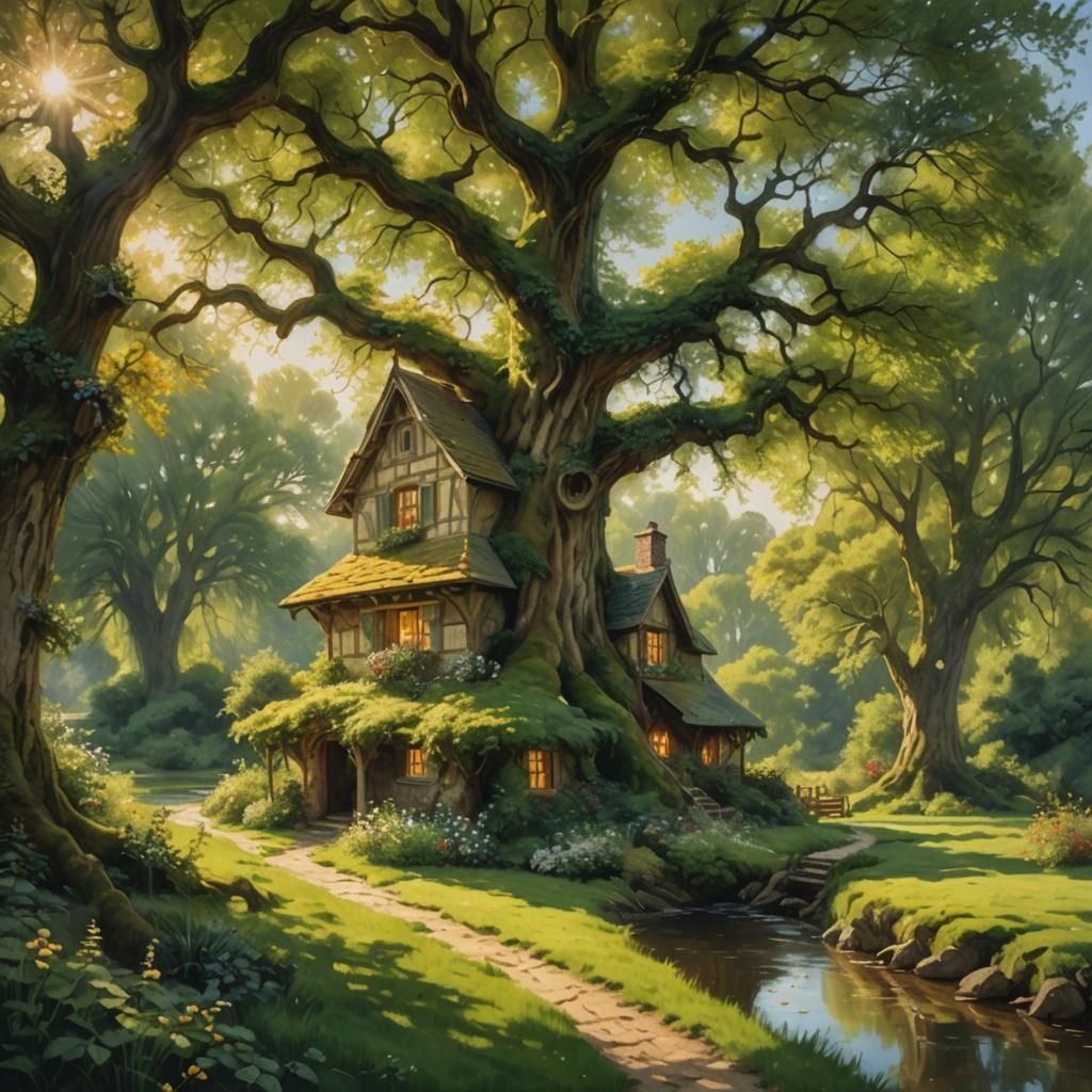 Magical Cottage in Oak Tree, Surrealist Style