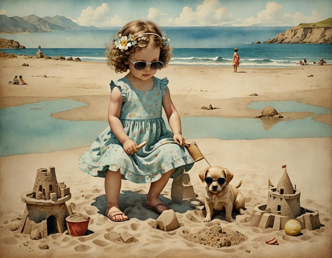 toddler and puppy at beach