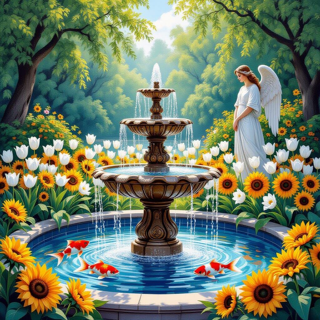 Impressionist Garden Masterpiece with Tulips, Sunflowers, an...