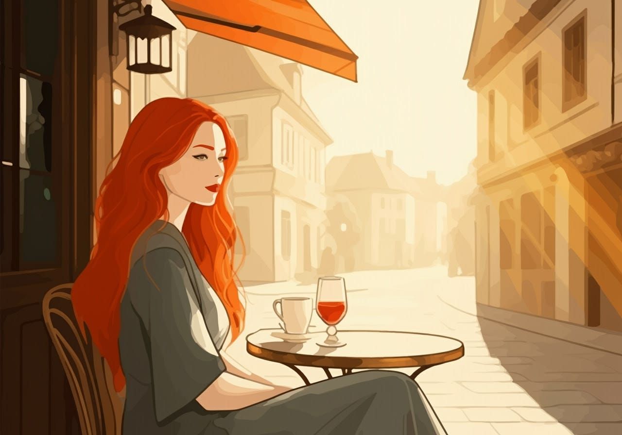 Elegant Woman at Cafe: Minimalist Sumi-e Art