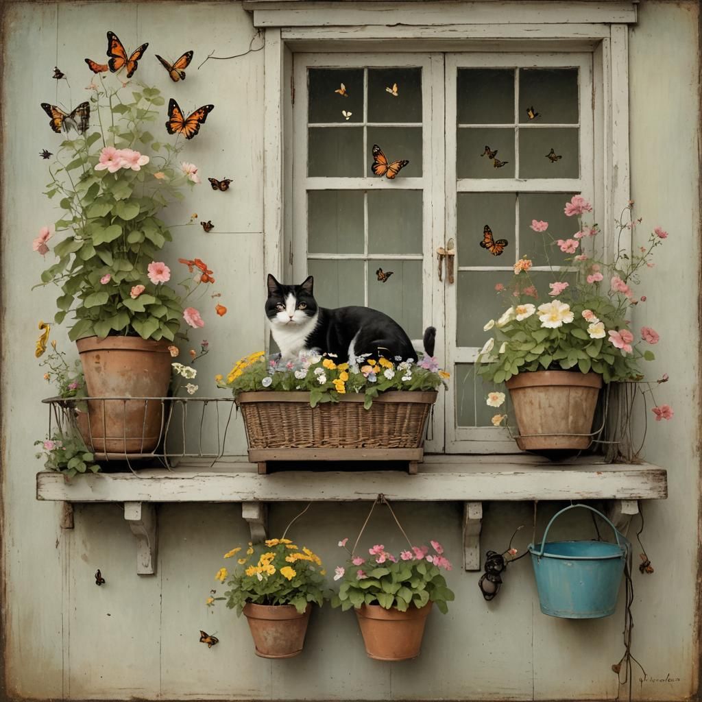 Charming Balcony Scene with Flowers, Cat and Birds