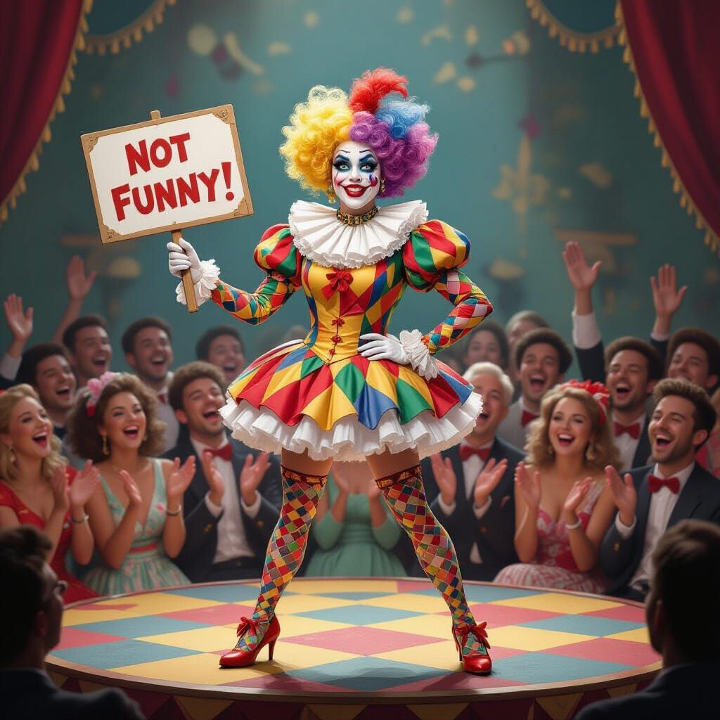 Grumpy Harlequin Chick on Stage in Rococo Style