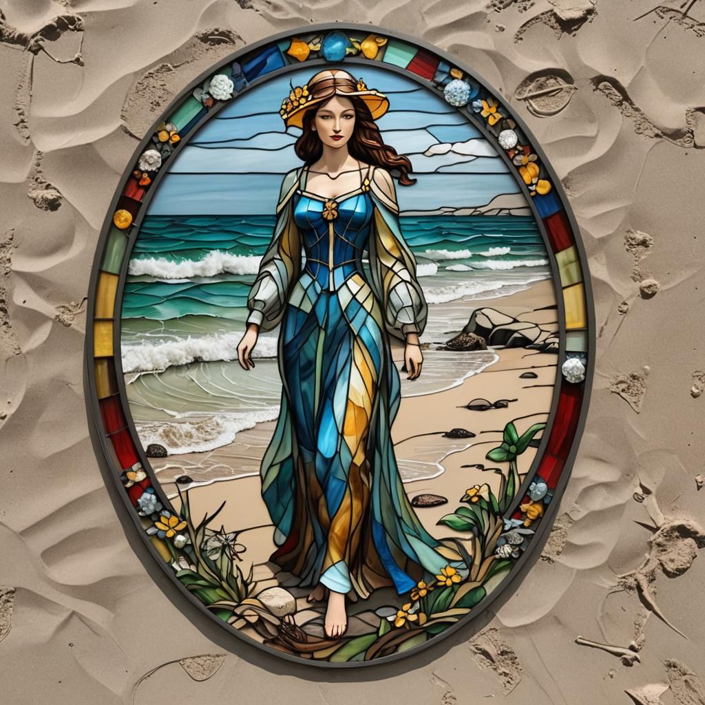 3D Stained Glass Woman on Beach