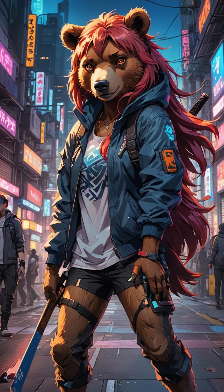 Cyberpunk Anime Bear Warrior with Axe