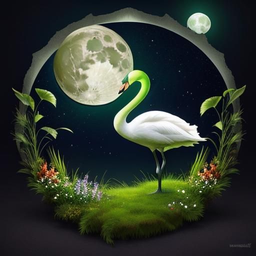Majestic Green Swan with Luminous Moon Art