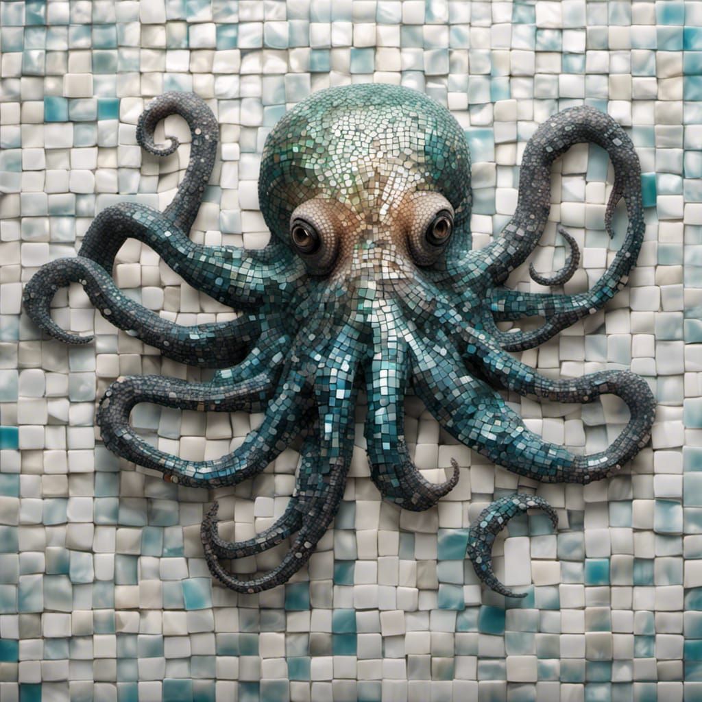 Iridescent Mosaic Octopus Portrait in Aged Glass
