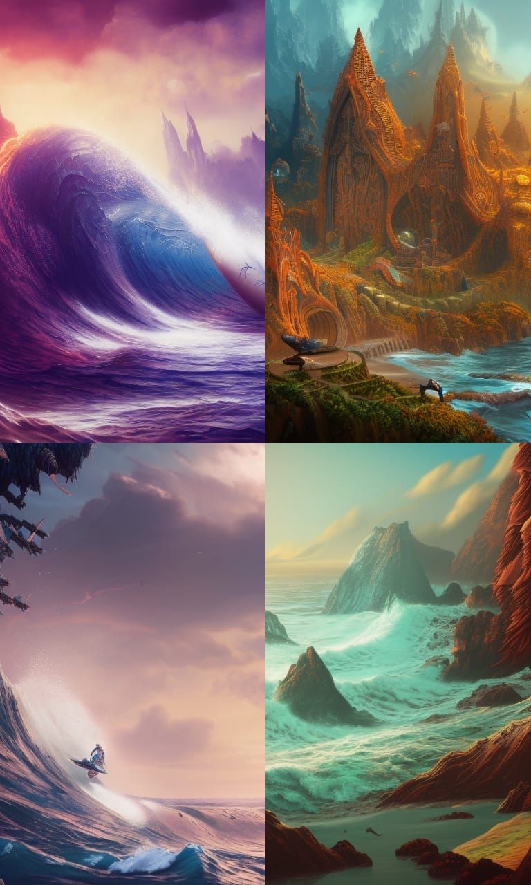 Detailed Fantasy Surfing Scene in Digital Painting Style