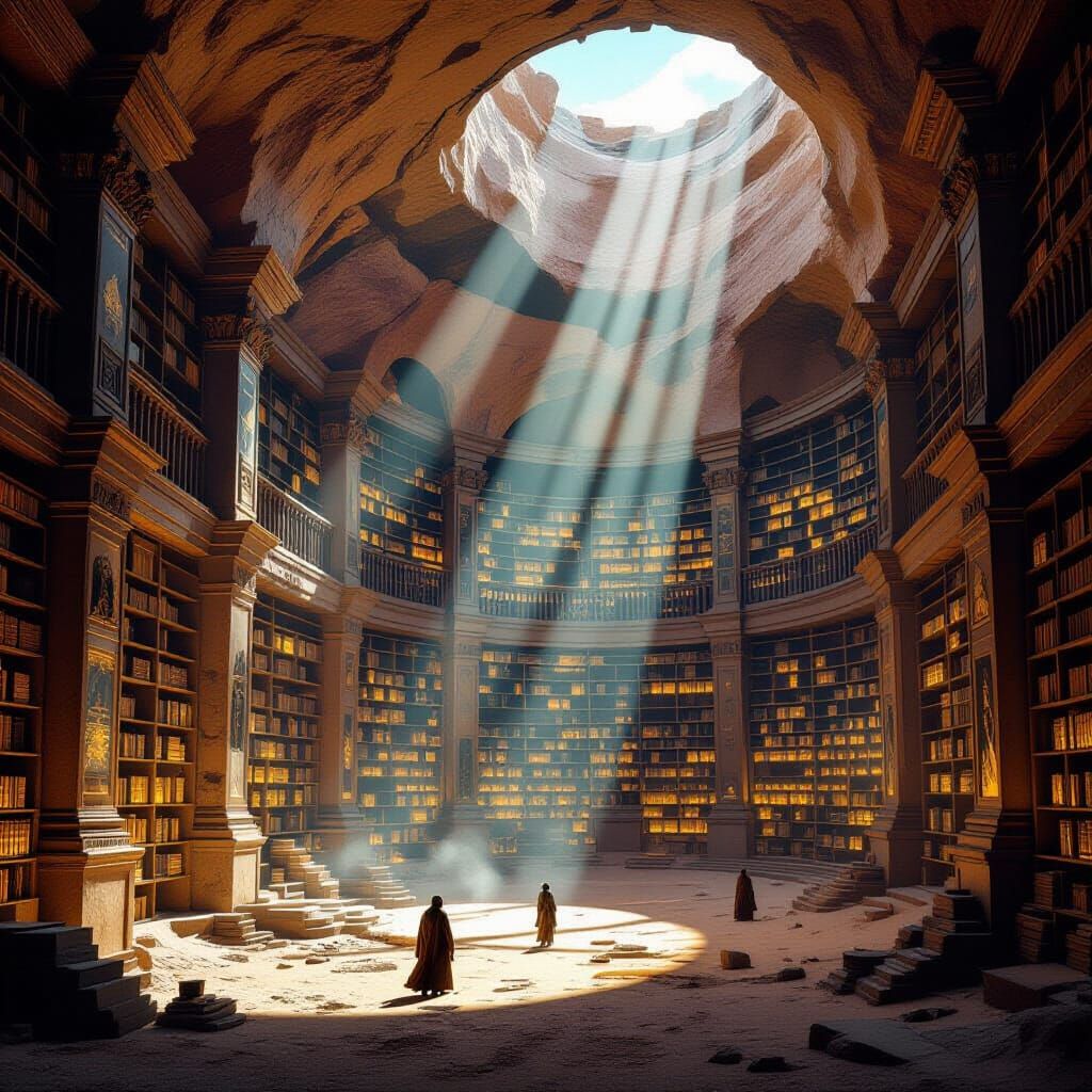 Ancient Desert Library with Glowing Scrolls