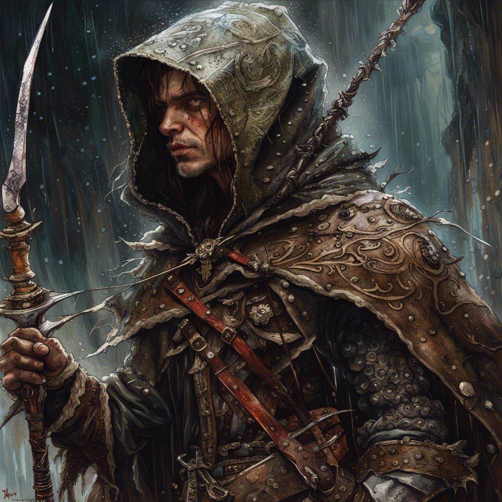 Dark Fantasy Ranger with Sword and Bow