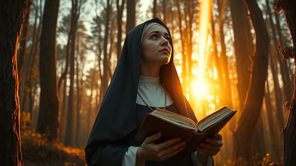 Nun in Mystical Forest: Baroque-Inspired Oil Painting