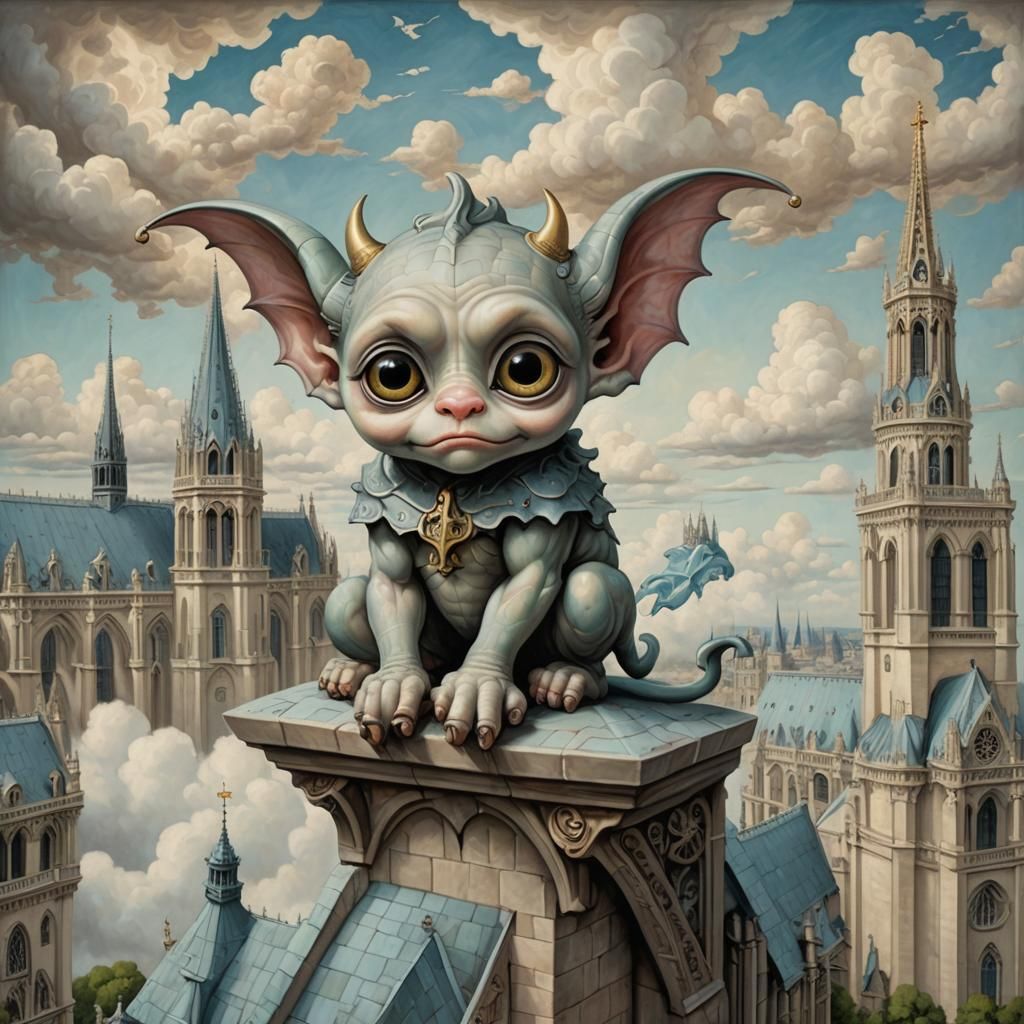 Cute Gargoyle on Notre Dame in Lowbrow Art Style