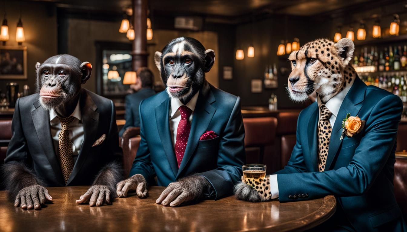 Chimp in the red tie: "So...how long does it take to get us two beers? This is going on Yelp!"
