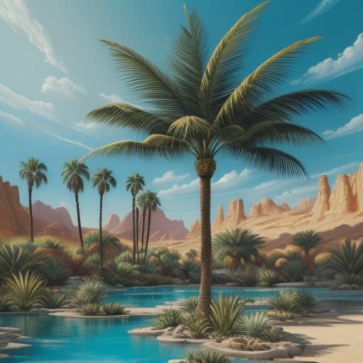 Baroque Oil Painting of Desert Oasis with Lush Palms