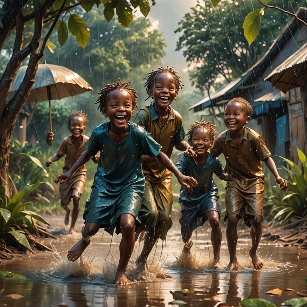 Children Playing in Rainy River, Fantasy Art