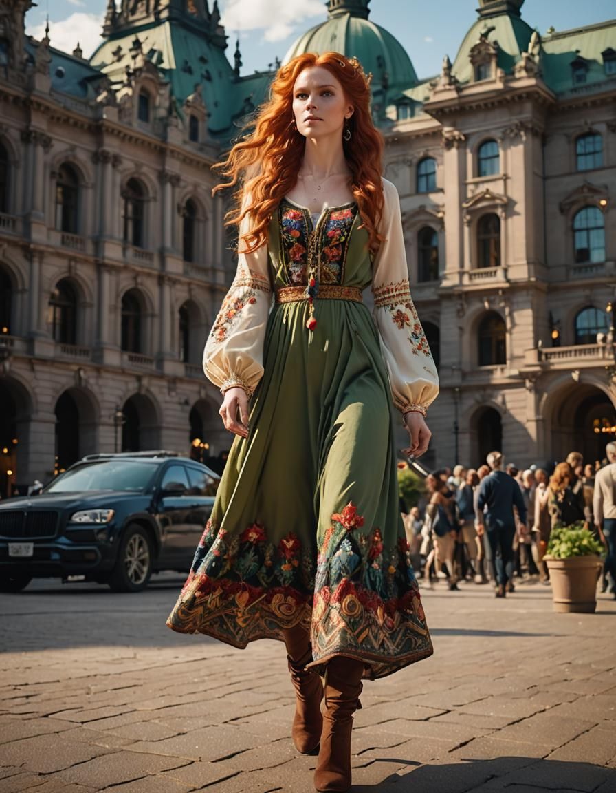 Redhead Before Mystical City Hall in Surreal Style