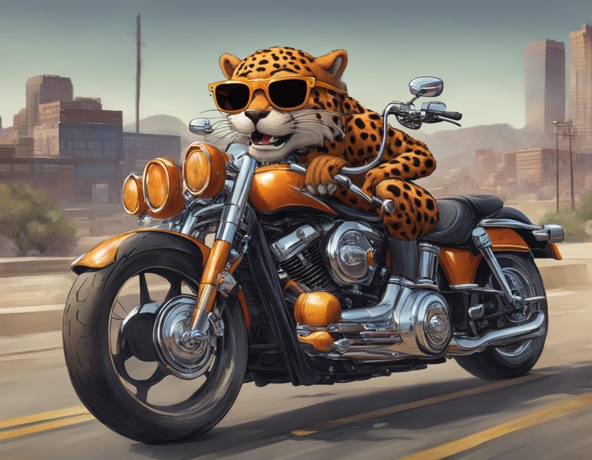 Chester Cheetah Rides a Harley Hog