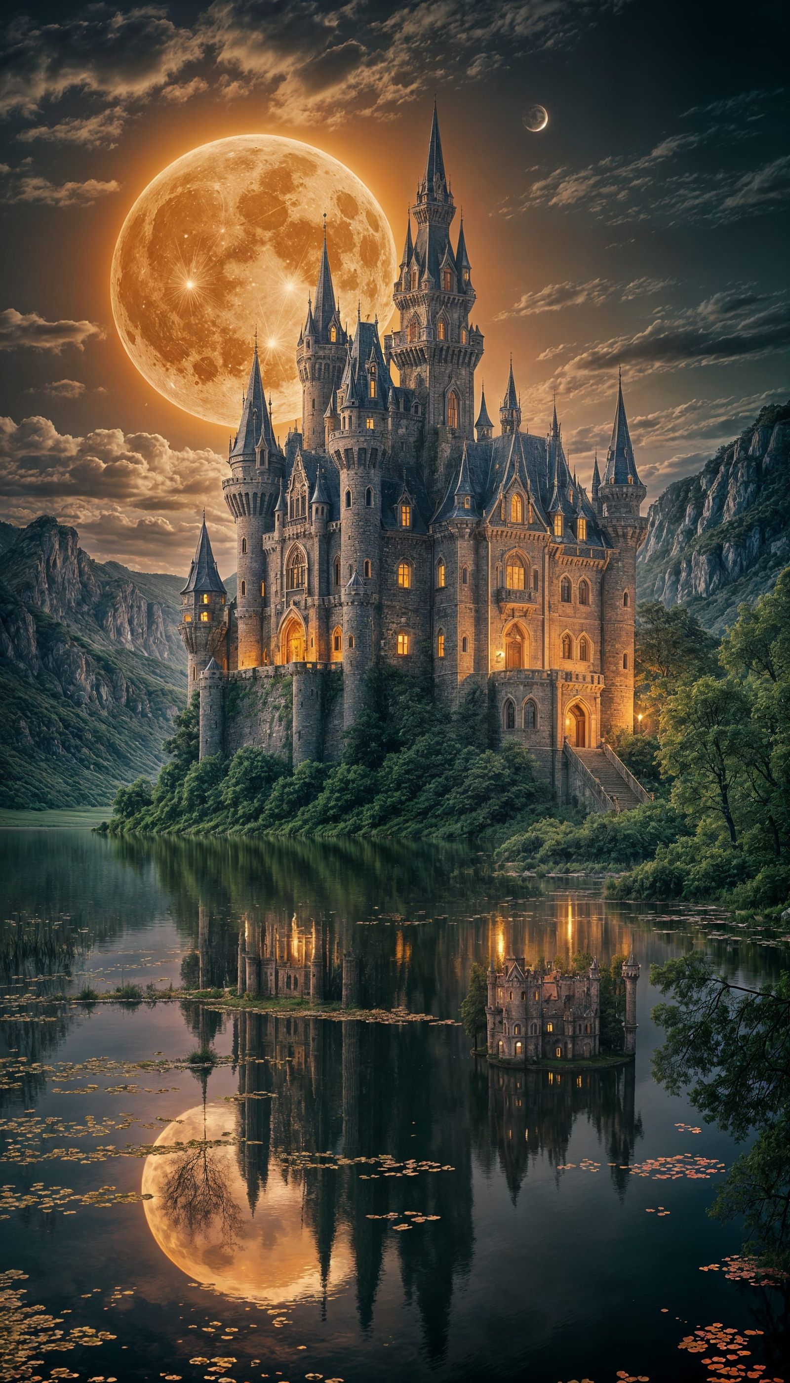 Castle Reflected in a Moonlit Lake on a Vibrant Sunset Night