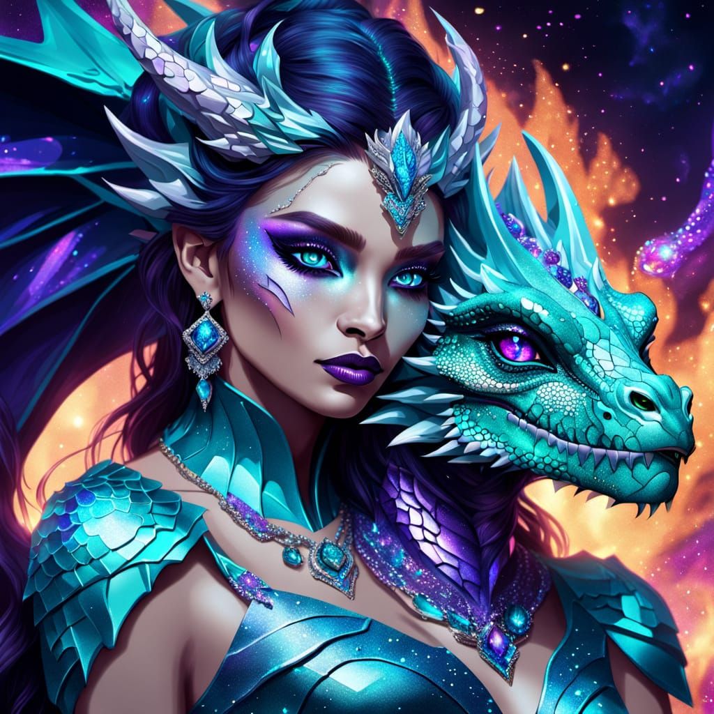 Dragon woman with long, Teal and purple , adorned with cryst...