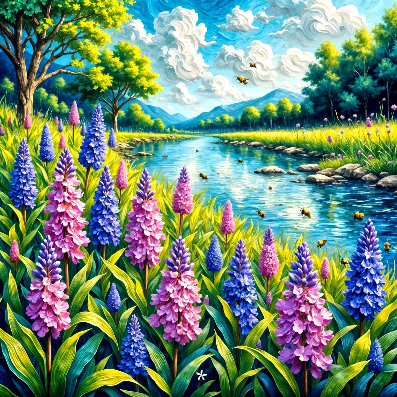 Vibrant Hyacinth Blooms Along Riverbank in Impasto Style