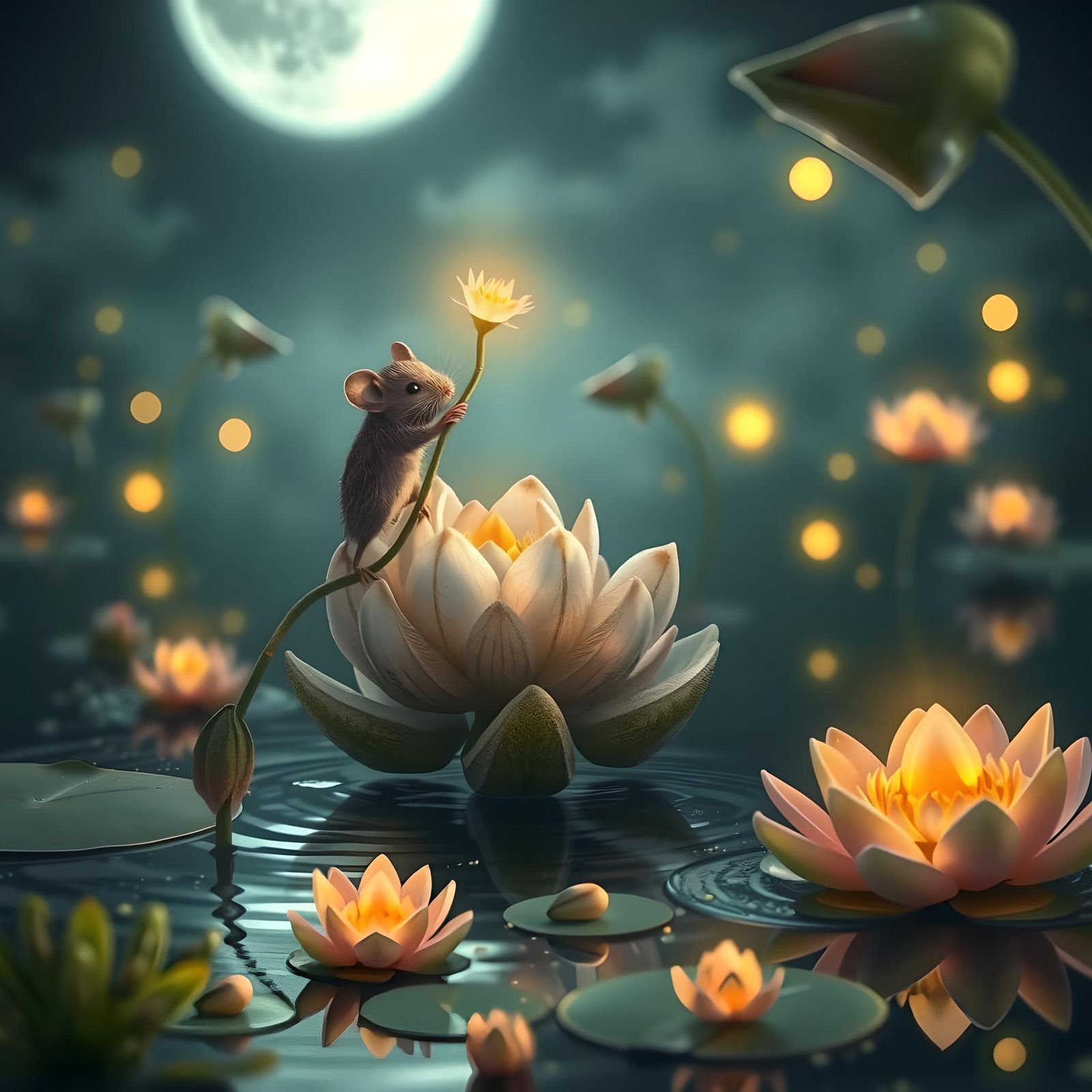 Mouse on Lily Pad Smelling Flower