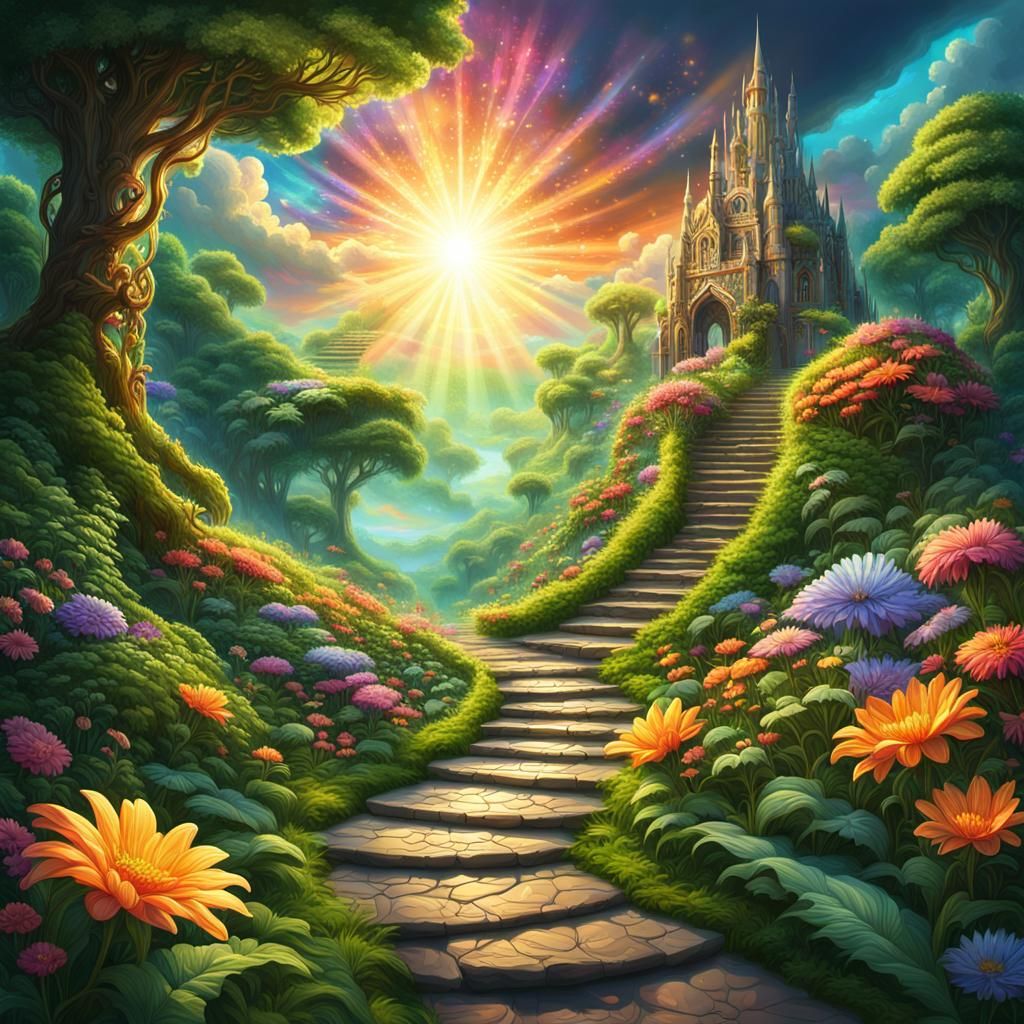 Heavenly Path Through Enchanted Forest: Fantasy Concept Art