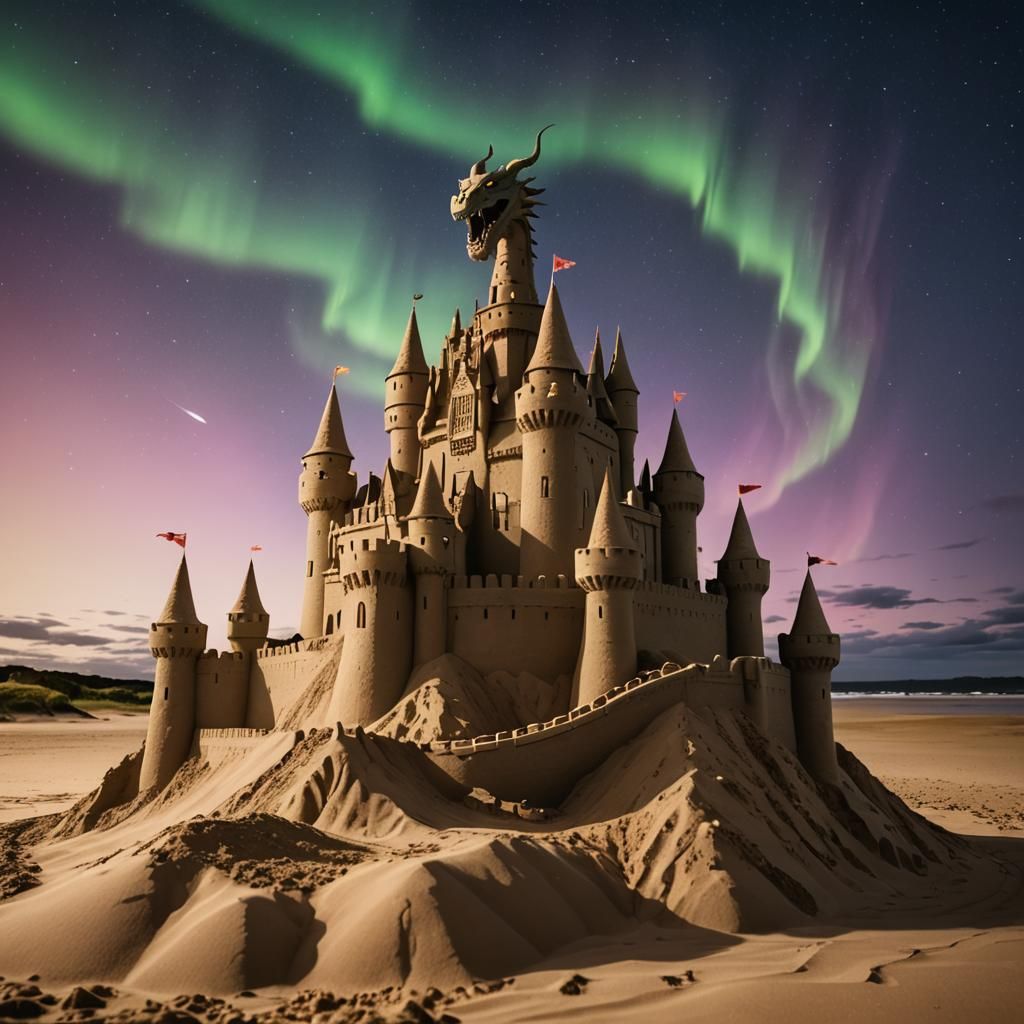 Scottish Sand Castle with Dragon and Aurora