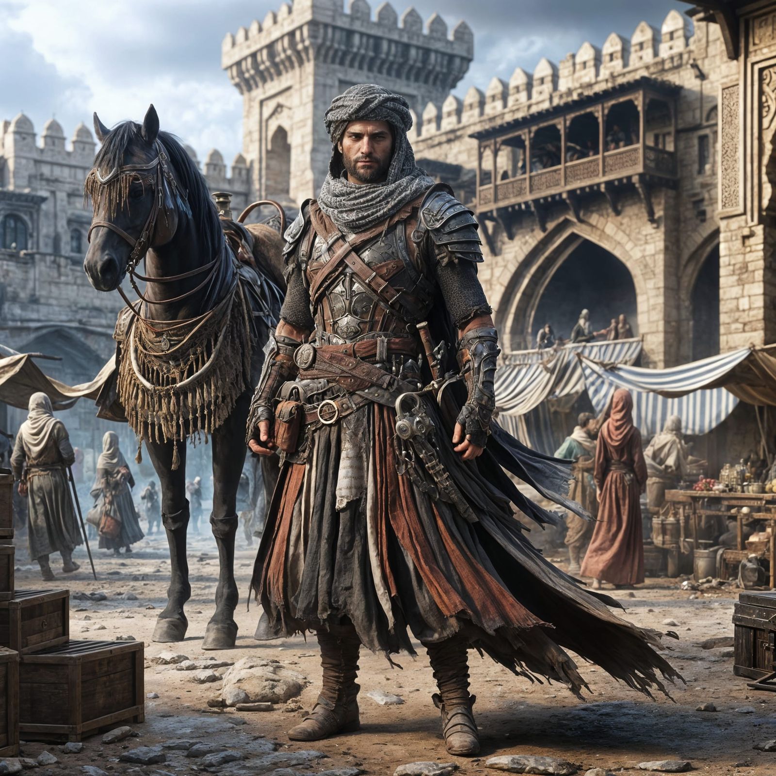 Elegant Warrior Prince in Medieval Market Scene